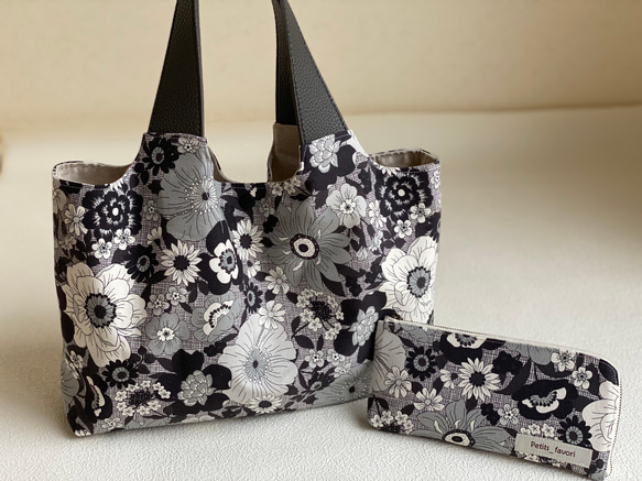 【001】花柄の可愛いトートバッグ お揃いが可愛いトートバックとお財布 花柄 ブラック トート