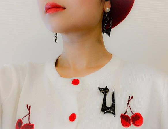 ✴Vintage Style Pearl Cat brooch✴黒猫ブローチ 3枚目の画像