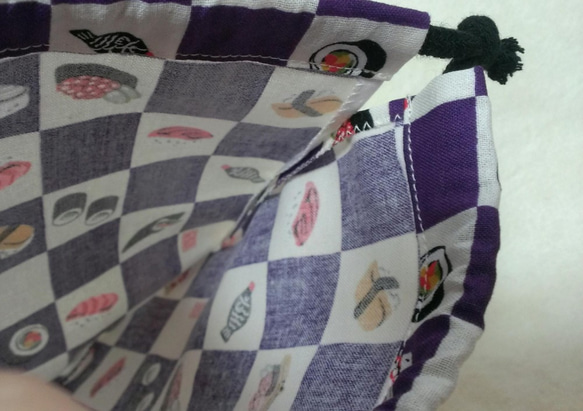 【3点セット】市松模様巾着 お寿司柄 紫/抹茶色/エンジ 3枚目の画像