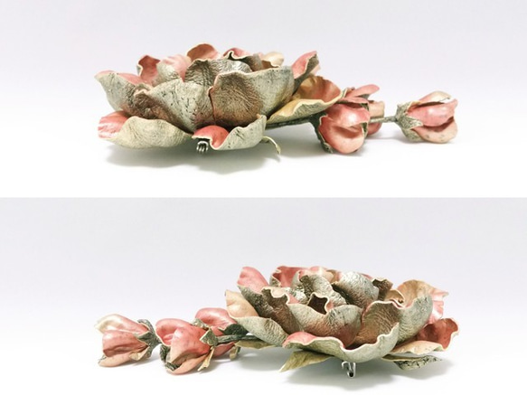 [K&#39;s 訂購] 舊玫瑰花蕾皮革胸花（鮭魚粉） 第4張的照片