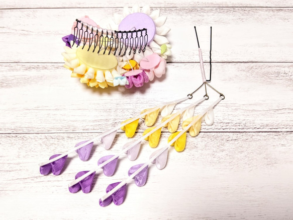 【SALE】つまみ細工の髪飾り ２点セット ヘアコーム【紫･黄色･ピンク】 4枚目の画像