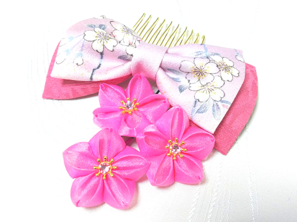 桜 つまみ細工とリボンの髪飾り ４点セット(コーム･Uピン)【ピンク】 2枚目の画像