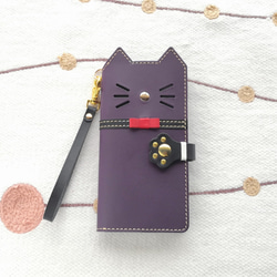 ＊leather sumyaho case＊手帳型 猫のレザースマホケース＊リボン付き＊紫／全機種 1枚目の画像