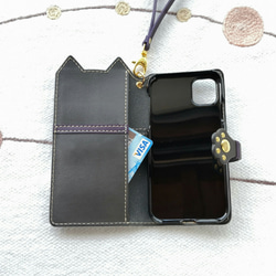 ＊leather sumyaho case＊手帳型 猫のレザースマホケース＊リボン付き＊グレー／全機種 3枚目の画像