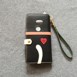 ＊仕舞い忘れのベロ出しハチワレにゃんこ＊leather sumyaho case＊手帳型レザースマホケース＊黒／全機種 4枚目の画像