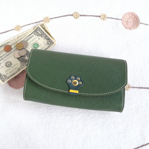 猫の手 肉球 牛革長財布(ゆったりサイズ)／緑グリーン 長財布 craft