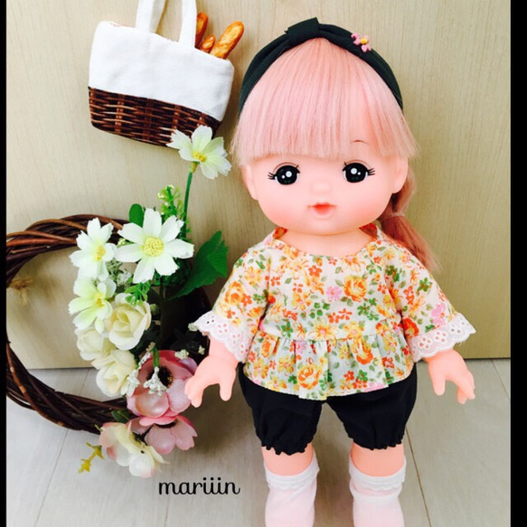 メルちゃん 服 【3点セット】オレンジ花柄トップス かぼちゃパンツ