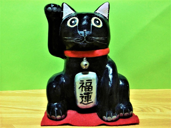 招き猫（巨大）に（黒）置物＃3（石粉粘土と新聞紙） その他置物 工房