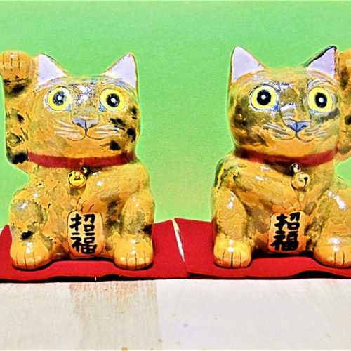 猫　二つ　招き猫　置物猫 風水 インテリア | ゴールド招き猫置物 2体セット - 開運・財運向上