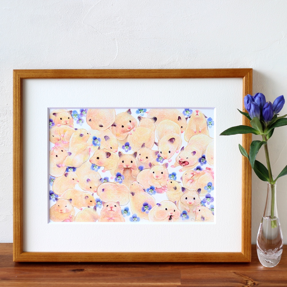 複製原画《どんなきみも》｜30匹のキンクマハムスターのおもちと30輪のオオイヌノフグリの花