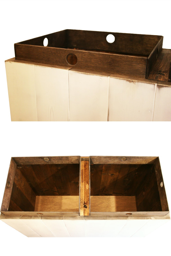 高級木製ダストボックス 白[MI-MI-MOKO] ２分別蓋つきゴミ箱 45リットル シャビー アンティーク可愛い 3枚目の画像