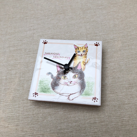 猫のタイル時計（仲良しねこにゃん） 3枚目の画像