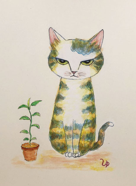 雪の夜　猫　原画　手描き　イラスト 黄色い月夜 猫／原画 | Riee .か