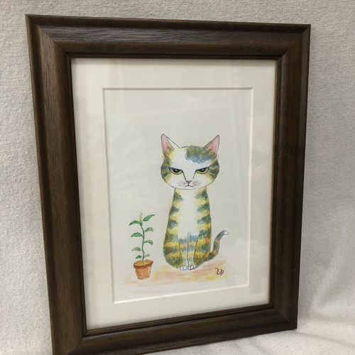 NEKOZENEKO（猫背ねこ）手描き　パステル　原画　額縁つき NEKOZENEKO（猫背ねこ）手描き パステル 原画 額縁つき