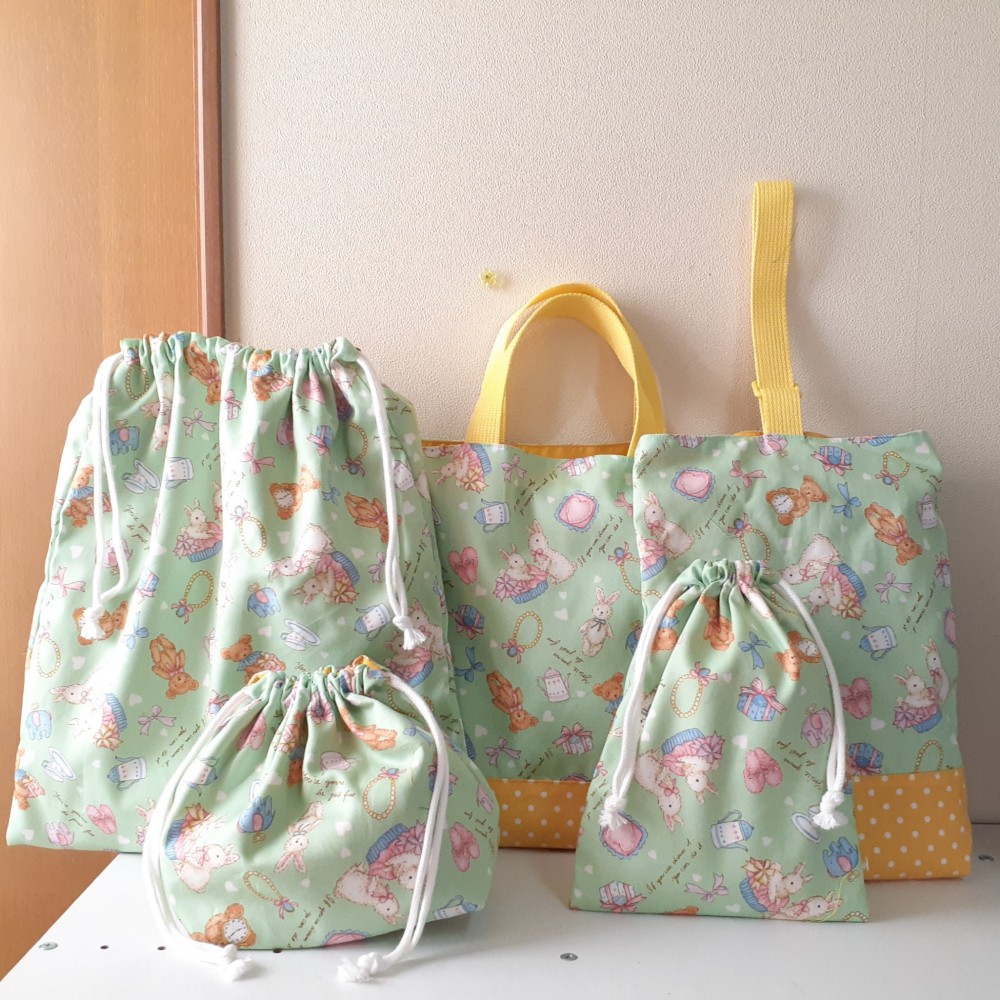 入園入学５点セット　うさぎとくま　黄緑