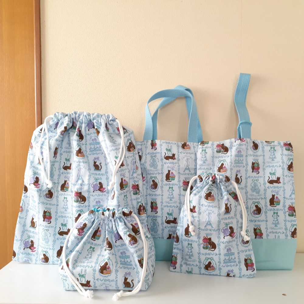 入園入学５点セット　ネコ✕スイーツ　水色