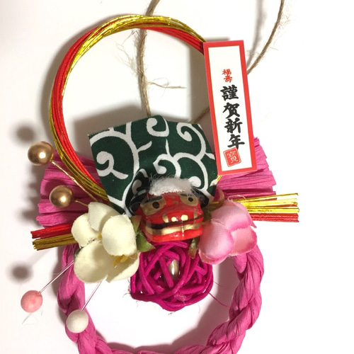 お正月ミニしめ縄飾り（ピンク獅子舞） しめ縄・しめ飾り LuLuCoCo