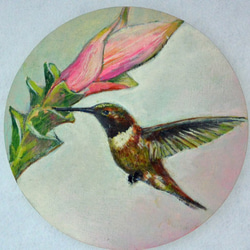 油絵・イラスト　ハチドリとピンクの花　小鳥　野鳥　トリ　植物 3枚目の画像