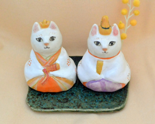 猫の招き雛人形 2体セット 陶器製（お雛様大 陶器 （猫の招き