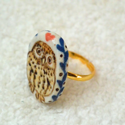 フクロウのリング　陶器の指輪　ハート　手作り陶芸　陶器のアクセサリー　鳥　ふくろう 1枚目の画像