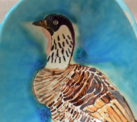 ハワイ　ネネの楕円形ボウル　野鳥　ハワイガン　手作り陶芸・陶器　トルコブルー　お皿・食器 1枚目の画像