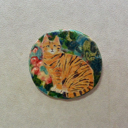 ネコの陶板　トラ柄猫　お座り　インテリア飾り・壁掛け　お花と植物　北欧風　手作り陶器・陶芸 5枚目の画像