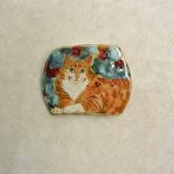 ネコの陶板　トラ系の猫　ミックス　インテリア飾り・壁掛け　カラフル　北欧　植物　手作り陶器・陶芸 3枚目の画像
