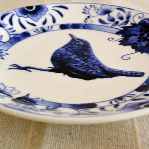 陶器の絵付 鳥と花柄のお皿 ブルー B ヨーロッパ風 小皿 Shihoko