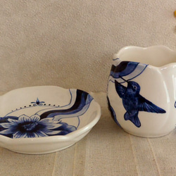 ハチドリとお花　カップとお皿のセット　ブルー　Aタイプ　陶器の絵付 7枚目の画像
