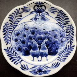 陶器の絵付 鳥・くじゃく二羽の小さめお皿 孔雀・クジャク ブルー 小皿