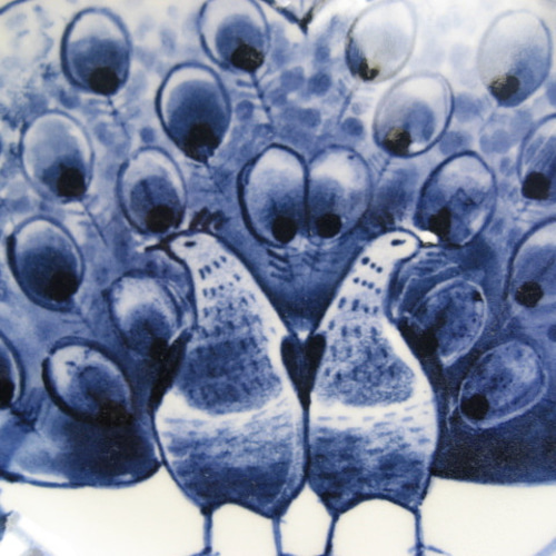 陶器の絵付 鳥・くじゃく二羽の小さめお皿 孔雀・クジャク ブルー 小皿