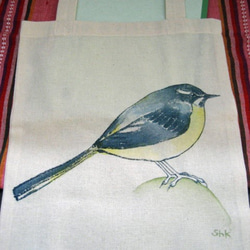 セキレイ！　ハクセキレイとキセキレイのトートバッグ（B)　両面手描き　鳥のサブバッグ・エコバッグ　A4サイズ 2枚目の画像