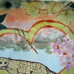ヒョウの四角いお皿　手作り陶器　ハートの木の上でリラックス　大型ネコ科　陶芸 3枚目の画像