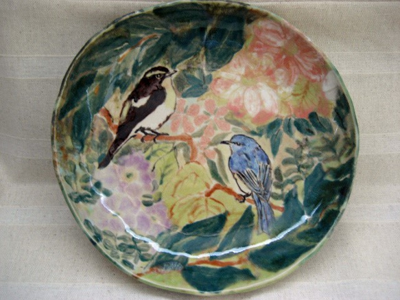 キビタキとルリビタキのお皿　手作り陶器　森のなかに鳥　陶芸　野鳥のお皿 3枚目の画像