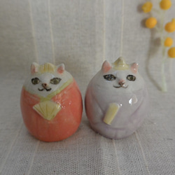 ＊goma様専用のお品＊ひな人形　猫のお雛様　タマゴ形ネコ　淡いシックな色のお着物②　手作り陶器・陶芸　ねこの置き物 3枚目の画像