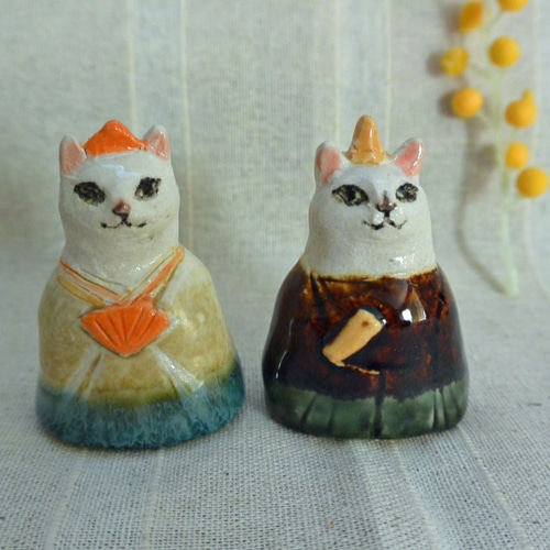 ひな人形 猫のお雛様 シックな色のお着物④ 手作り陶器・陶芸 ねこの