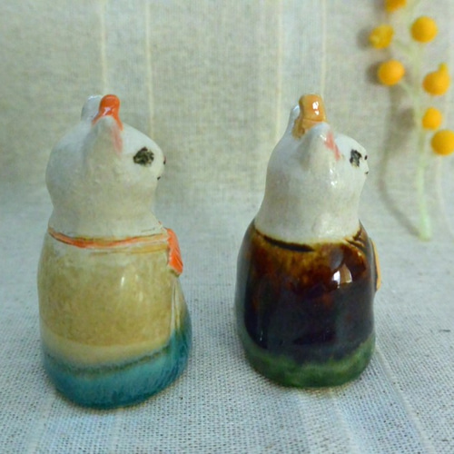 ひな人形 猫のお雛様 シックな色のお着物④ 手作り陶器・陶芸 ねこの