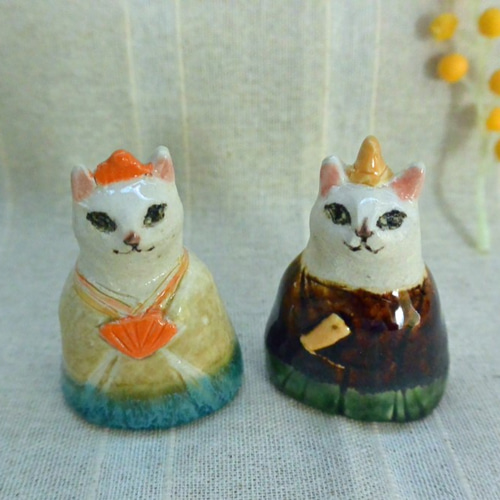 ひな人形 猫のお雛様 シックな色のお着物④ 手作り陶器・陶芸 ねこの