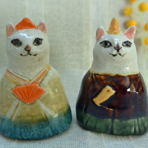 ひな人形 猫のお雛様 シックな色のお着物④ 手作り陶器・陶芸 ねこの