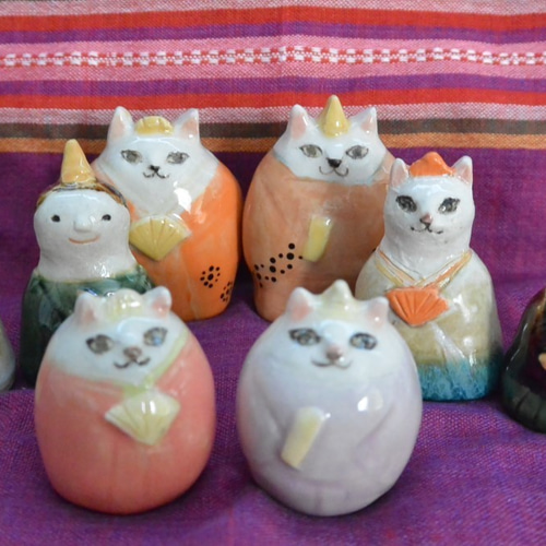 ひな人形 猫のお雛様 シックな色のお着物④ 手作り陶器・陶芸 ねこの