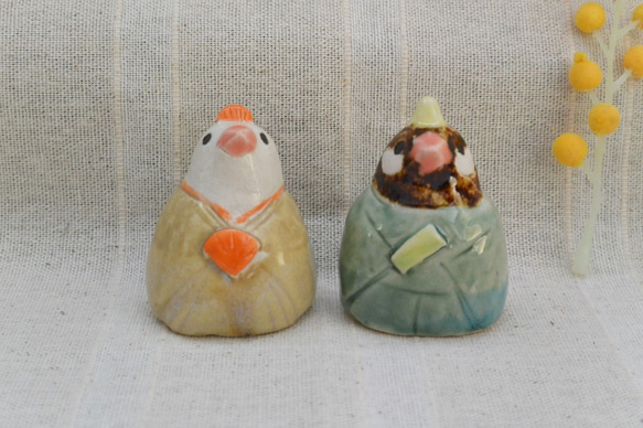 ひな人形　文鳥のお雛様　シックな色のお着物　手作り陶器・陶芸　鳥の置き物 8枚目の画像