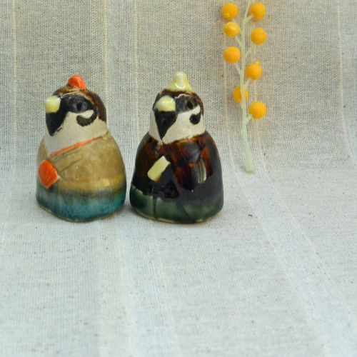 ひな人形 スズメのお雛様 シックな色のお着物 手作り陶器・陶芸 雀 鳥