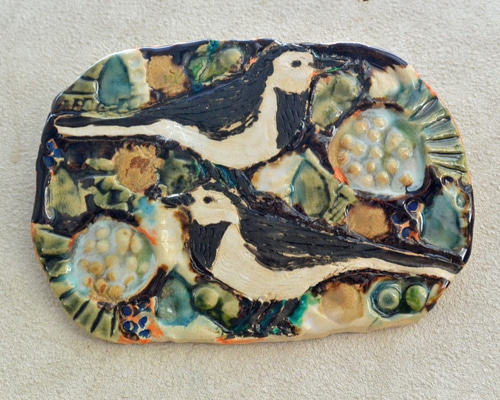 北欧ヴィンテージ雑貨 GABRIEL陶板 希少オーバル 小鳥（ハクセキレイ