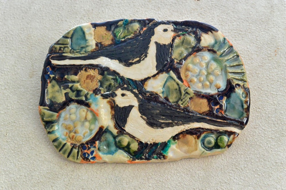 ハクセキレイの陶板 北欧風 インテリア飾り 鳥の壁掛け 少し難あり