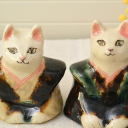 猫の福助　陶器のフクスケ人形　ねこ　陶器・陶芸　緑＋茶 9枚目の画像