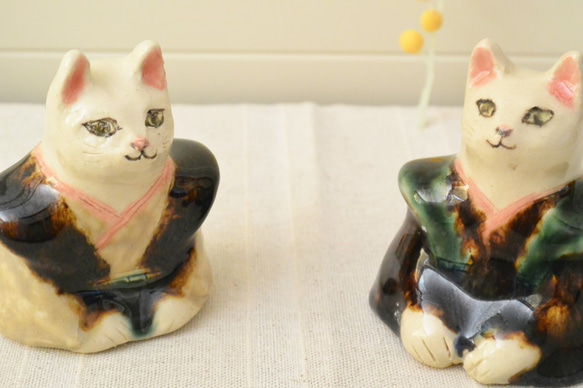 猫の福助　陶器のフクスケ人形　ねこ　陶器・陶芸　茶＋黄色 9枚目の画像