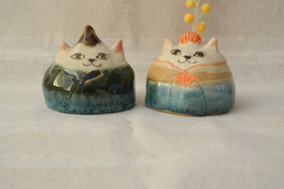 ひな人形　ネコのお雛様　大きなお饅頭形　手作り陶器・陶芸　ねこ　猫の置き物 2枚目の画像