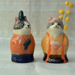 ひな人形　ネコのお雛様　ハチワレ　カラフルおひなさま　手作り陶器・陶芸　ねこ　猫の置き物 4枚目の画像