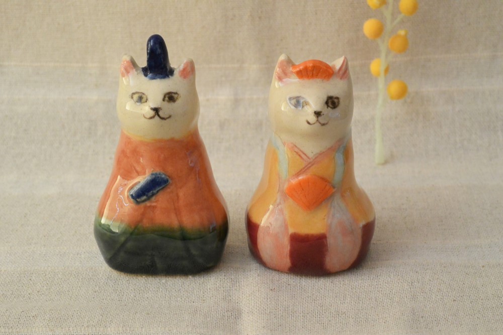 猫の招き雛人形 2体セット 陶器製