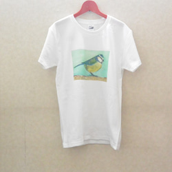 ブルーの小鳥Tシャツ　鳥のTシャツ　野鳥　アオガラ　油絵をアイロンプリント　白・ホワイト 3枚目の画像